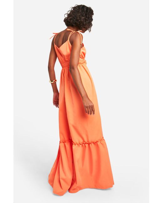 Boohoo Orange Tall Woven V Neck Strappy Tiered Maxi Dress