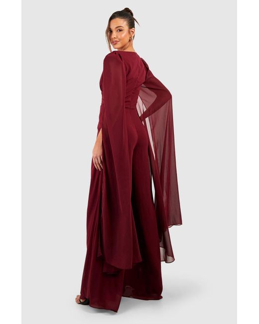 Boohoo Red Cape Detail Plunge Wide Leg Jumpsuit