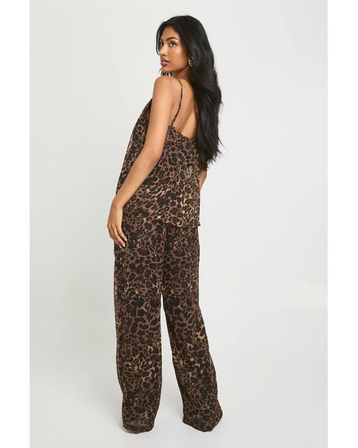 Boohoo Brown Leopard Print Chiffon Wide Leg Jumpsuit