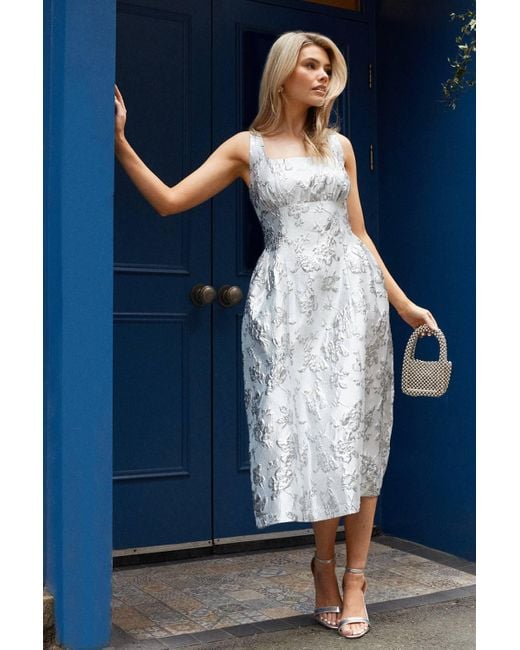Dorothy Perkins Dp Luxe Metallic Scoop Neck Full Skirted Midi Dress in Blue  | Lyst