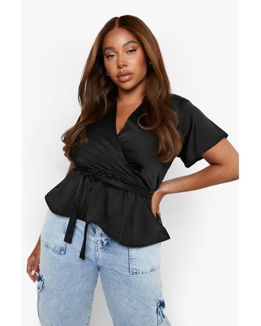 Boohoo Plus Satin Angel Sleeve Peplum 