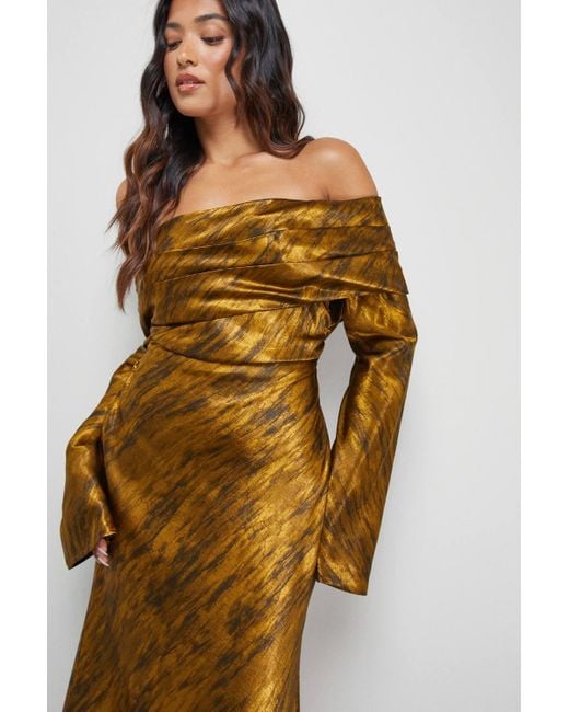 Warehouse Metallic Petite Shimmer Satin Foldover Bardot Bias Midi Dress