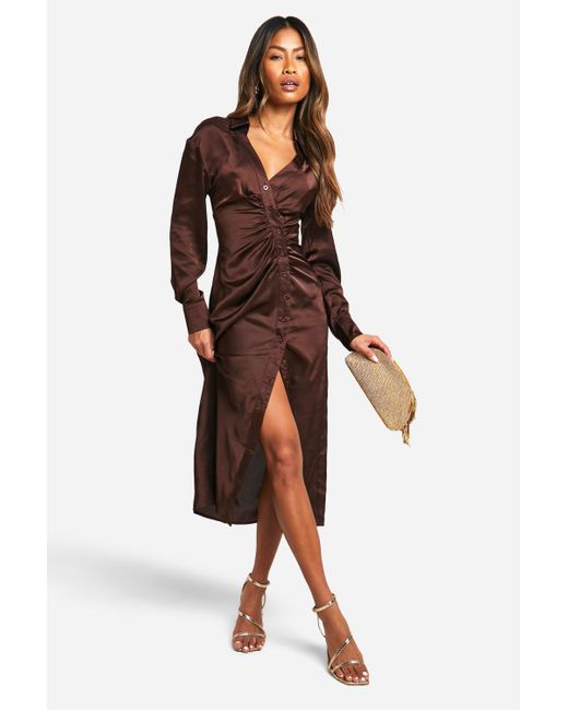 Boohoo Button Down Midi Shirt Dress in Brown Lyst