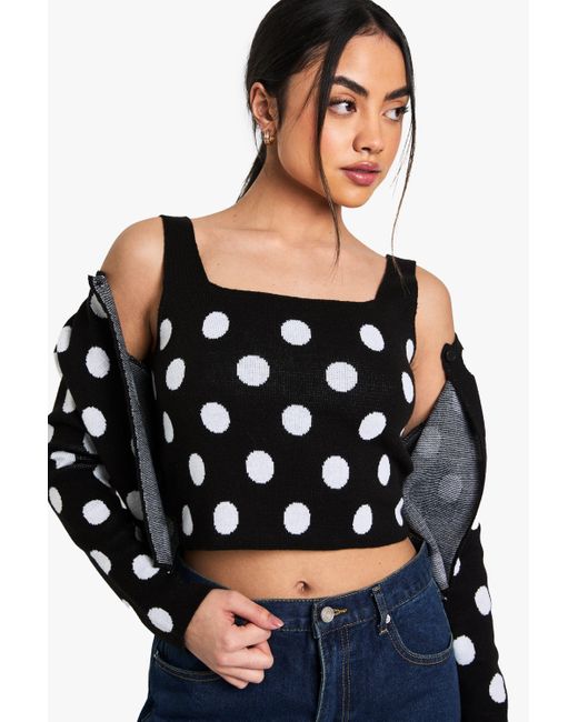 Conjunto De Camisola Y Cárdigan De Lunares Con Botones En El Cuello Boohoo de color Blue