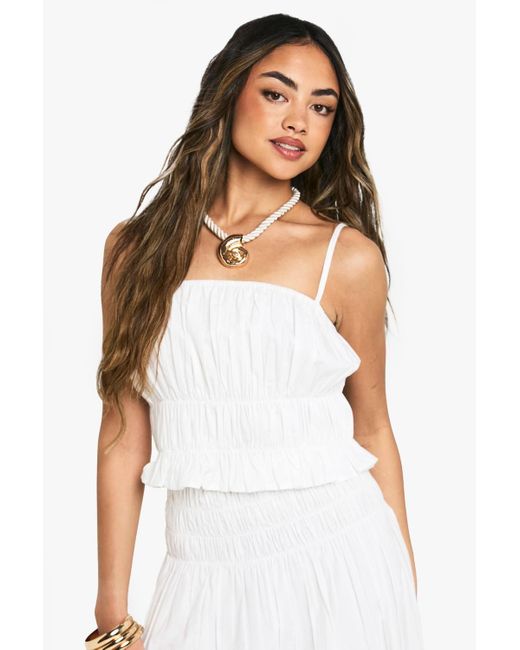 Boohoo White Shirred Cotton Poplin Cami Top