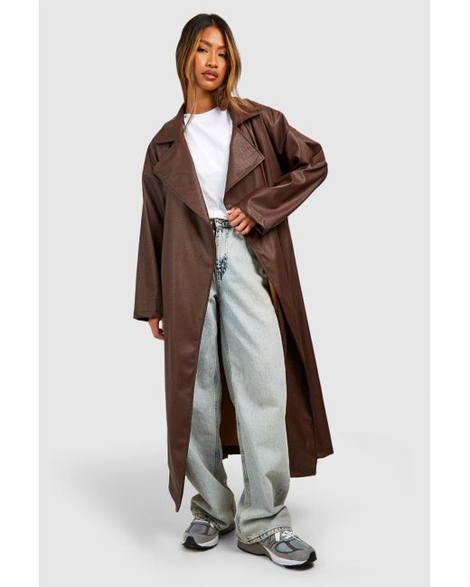 Boohoo Brown Maxi Faux Leather Trench Coat