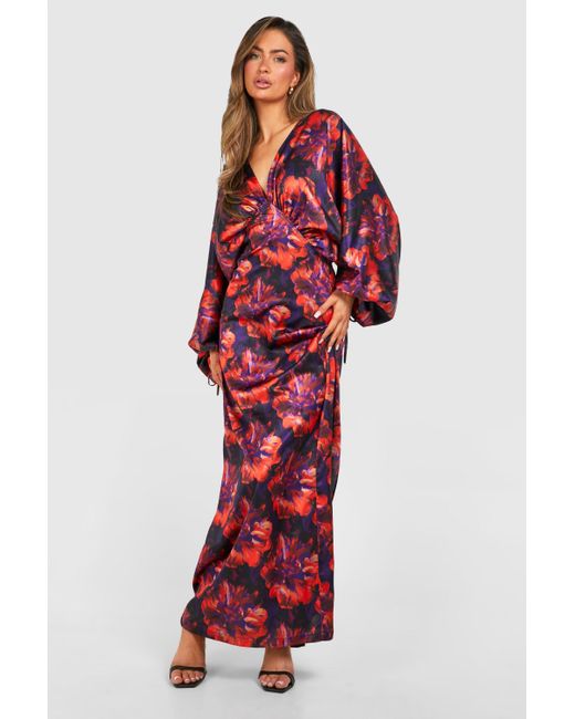 Boohoo Red Floral Extreme Batwing Plunge Maxi Dress