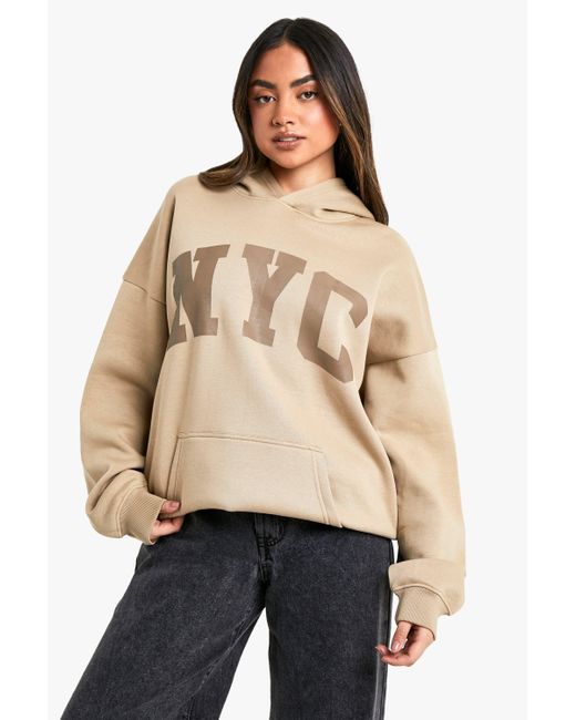 Sudadera Oversize Con Capucha Y Eslogan Nyc Boohoo de color Natural