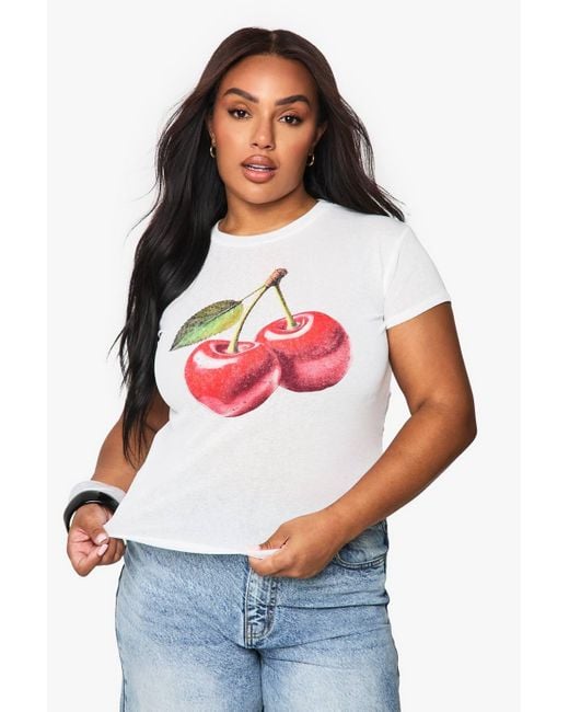 Boohoo White Plus Cherry Fitted Top