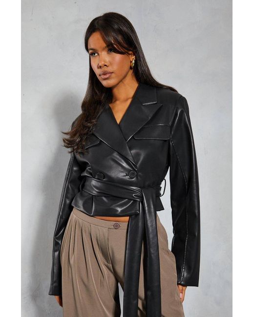 MissPap Gray Leather Look Cropped Trench Coat