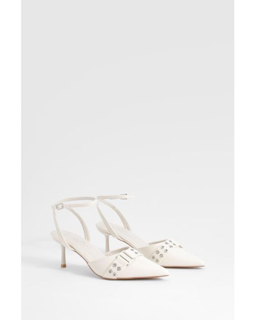 Boohoo Natural Wide Fit Low Stiletto Buckle Eyelet Detail Ankle Strap Court Shoe