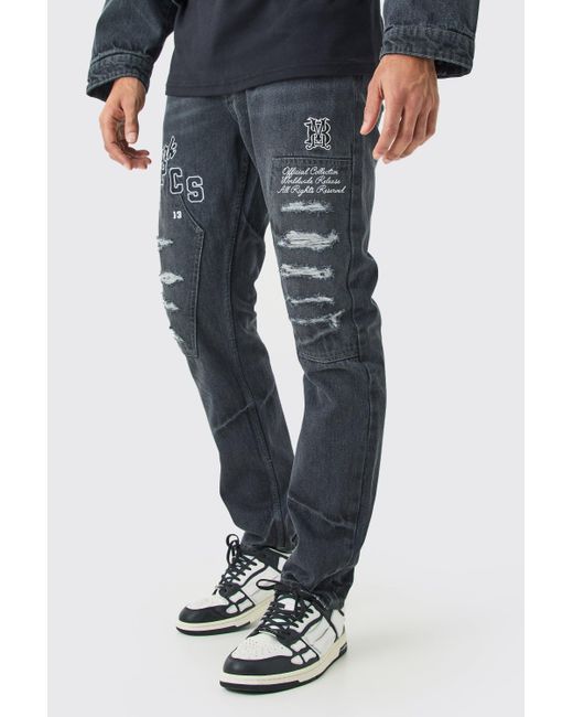 BoohooMAN Blue Slim Rigid Applique Distressed Jeans for men