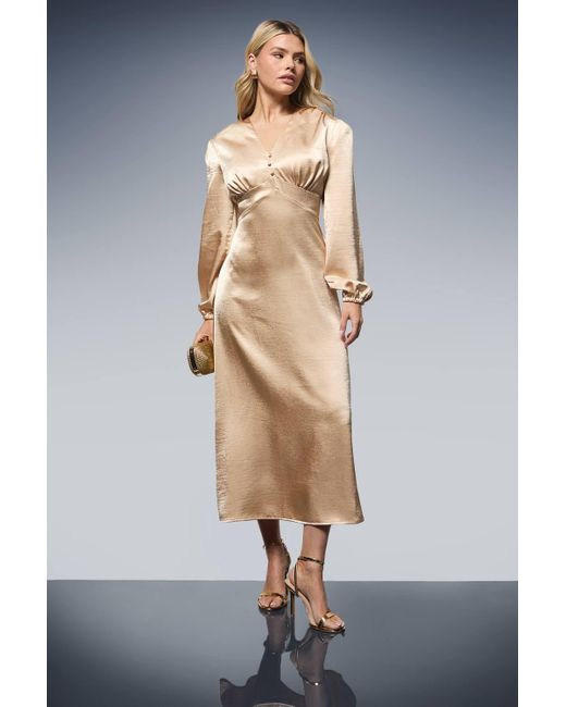 Dorothy Perkins Dp Luxe Button Detail Blouson Sleeve Satin Midaxi Dress in  White | Lyst