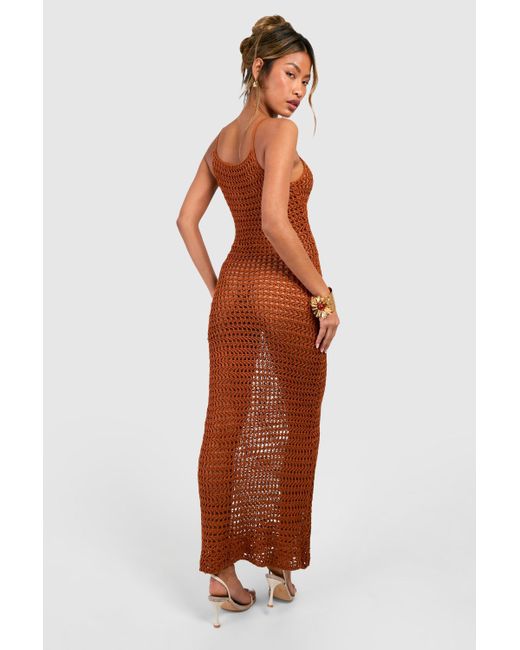 Boohoo Brown Crochet Midi Dress