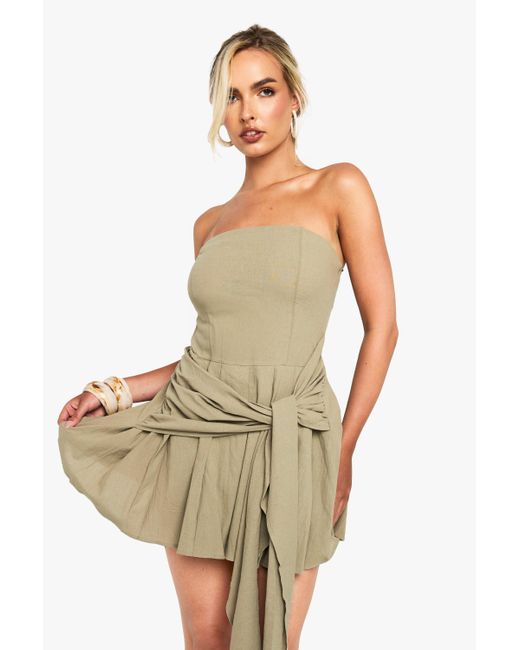 Boohoo Green Linen Look Pleated Wrap Mini Dress