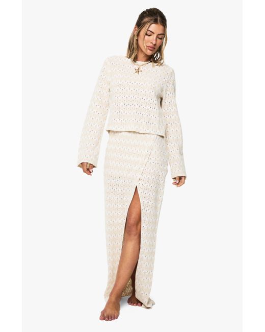 Falda Maxi Para La Playa De Punto En Zigzag Boohoo de color White