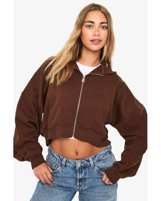 Boohoo Brown Boxy Balloon Sleeve Oversized Zip Through Hoodie