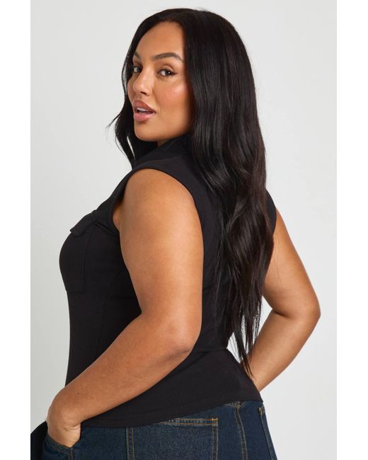 Boohoo Black Plus Collared Utility Rib Top
