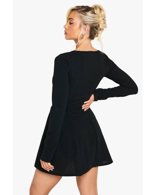 Boohoo Black Long Sleeve Square Neck Full Skirt Mini Dress