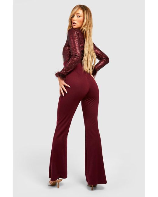 Boohoo Red Feather Cuff Sequin Jumpsuit