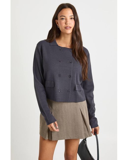 Boohoo Blue Double Button Collared Knitted Cardigan