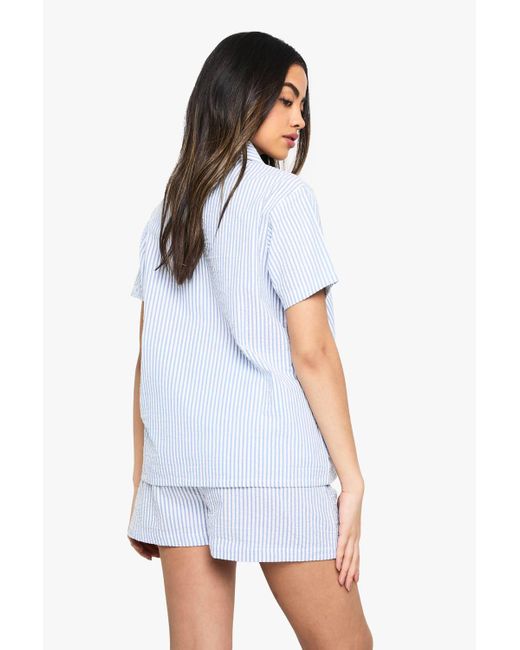 Boohoo White Seersucker Stripe Short Sleeve Shirt & Shorts Pyjama Set