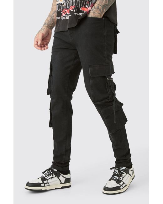 BoohooMAN Tall Stretch Skinny Cargo Pocket Detail Jean In True Black for men