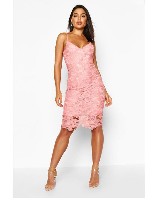 Boohoo Boutique Crochet Lace Strappy Midi Dress in Pink | Lyst