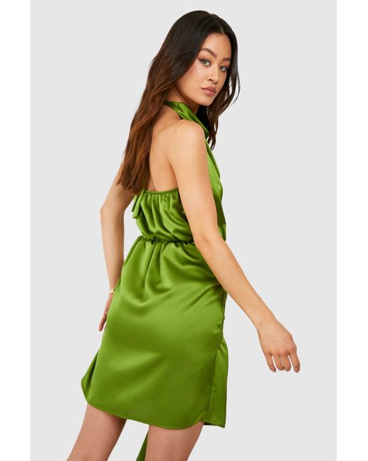 Boohoo Green Tall Satin Halterneck Wrap Mini Dress