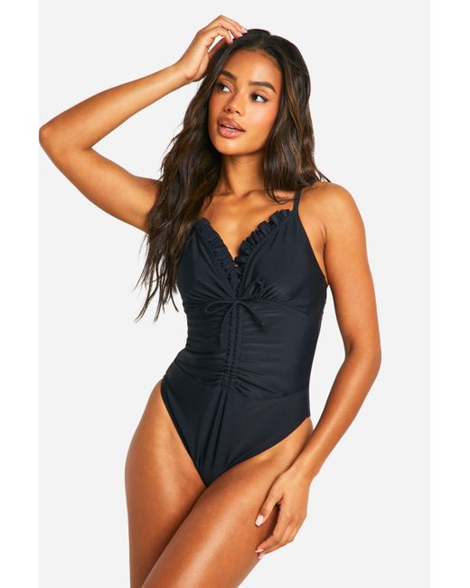 Boohoo Blue Ruched Ruffle Swimsuit