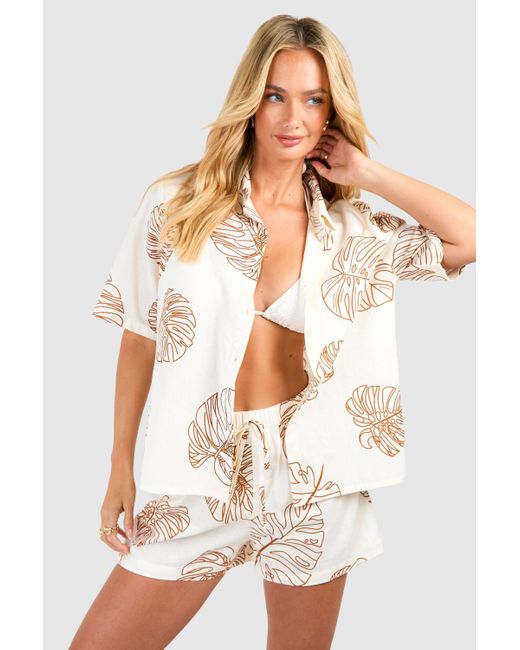 Boohoo Natural Tropical Linen Look Shirt & Short Beach Co-ord
