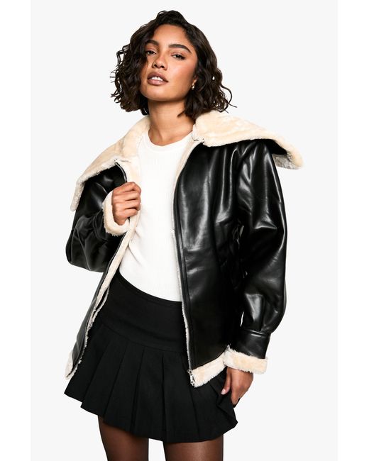 Chaqueta Tall De Cuero Sintético Con Cuello Boohoo de color Black