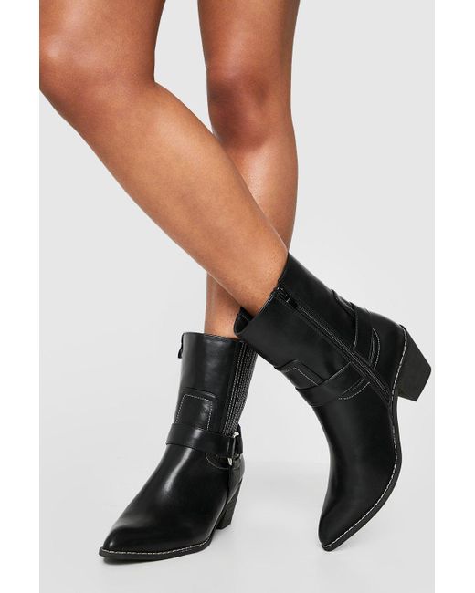 Boohoo Wide Width Harness Detail Western Cowboy Ankle Boots in Black | Lyst