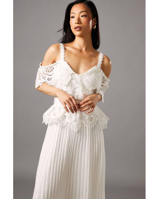 Coast Gray Lace Top Pleated Skirt Midi Dress With Belt
