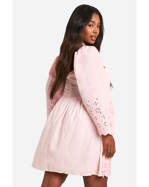 Boohoo Pink Plus Woven Broderie Tie Detail Milkmaid Mini Dress