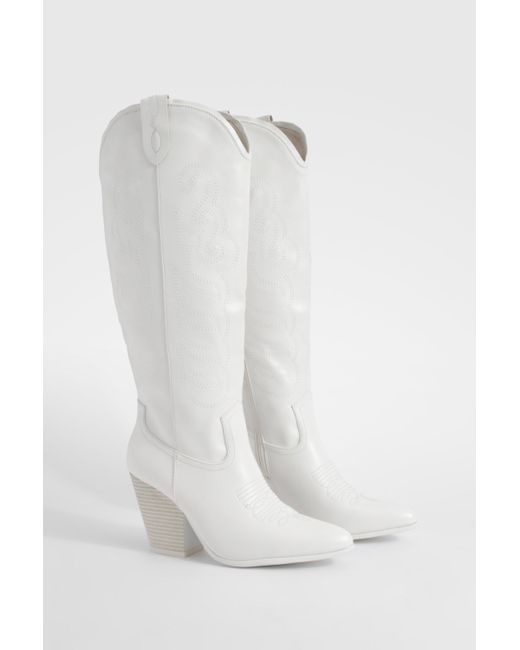Boohoo White Embroidered Knee High Western Cowboy Boots