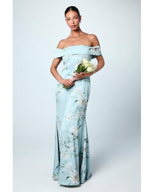 Coast Women's Blue Printed Bardot Satin Bridesmaid Dress