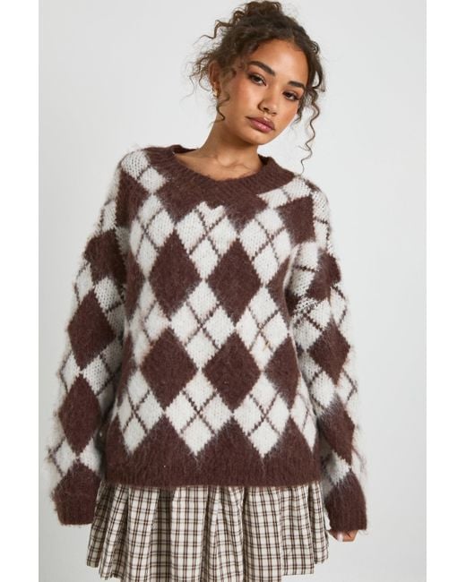 Boohoo Brown Premium Super Soft Brushed Knit V Neck Argyle Oversized Jumper