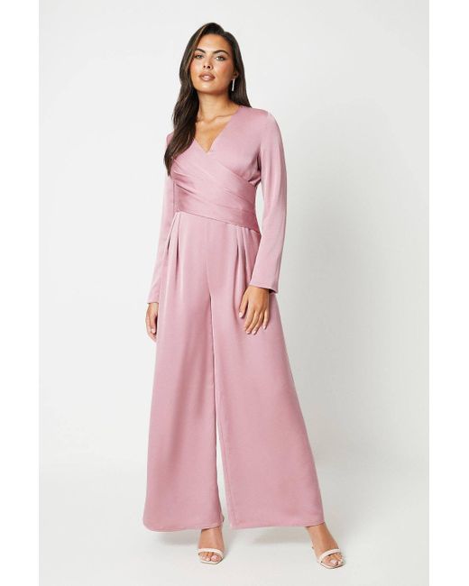 Coast Pink Drape Wrap Waist Wide Leg Satin Jumpsuit
