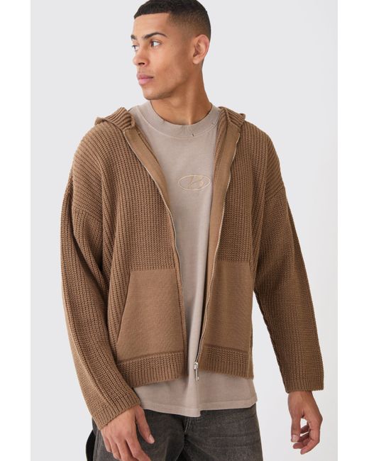 Boohoo Brown Boxy Ribbed Knitted Zip Through Hoodie