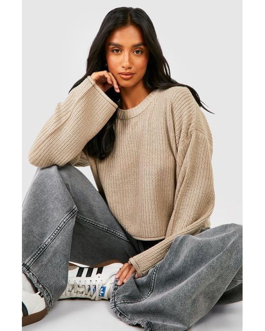 Boohoo Petite Crew Neck Cropped Fisherman Jumper in Natural Lyst