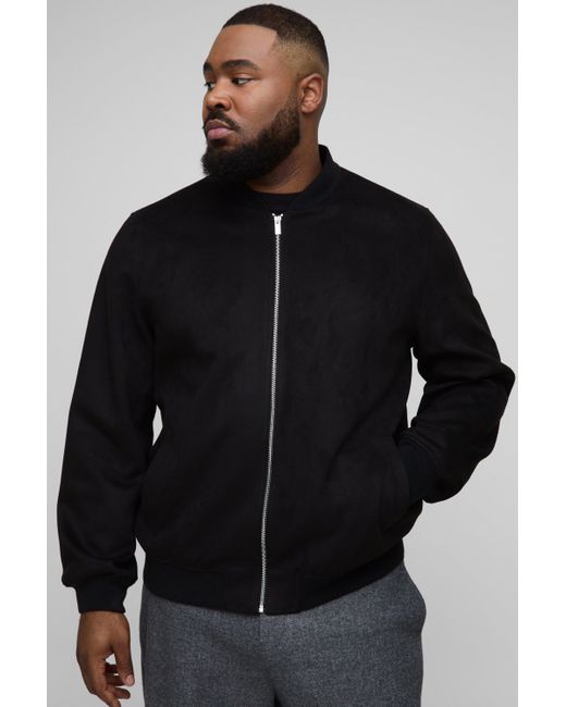 BoohooMAN Black Plus Faux Suede Regular Fit Bomber Jacket for men