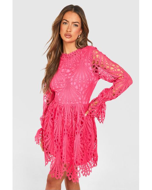 Boohoo Pink High Neck Flared Sleeve Lace Skater Dress