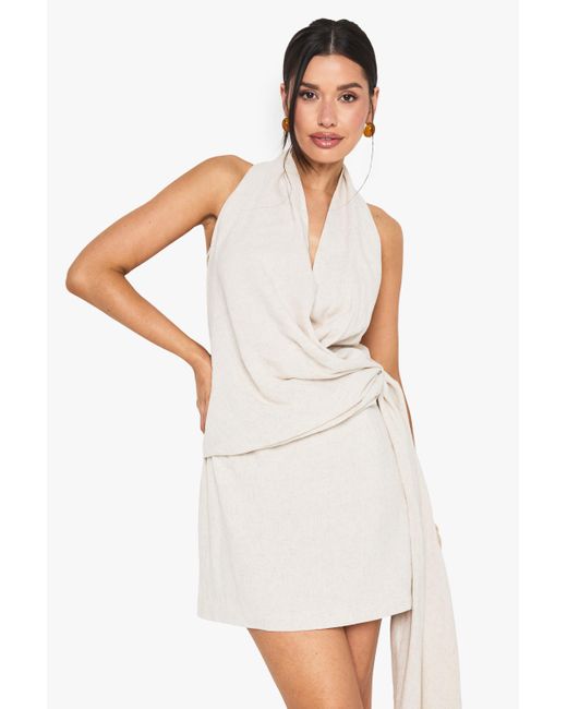 Boohoo White Tall Linen Look Drape Cowl Wrap Mini Dress