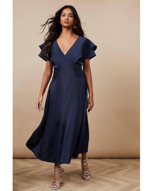 Oasis Blue Occasion Satin Ruffle Sleeve Midaxi Dress
