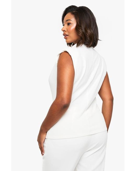 Boohoo White Plus Cowl Neck Crepe Shoulder Pad Blouse