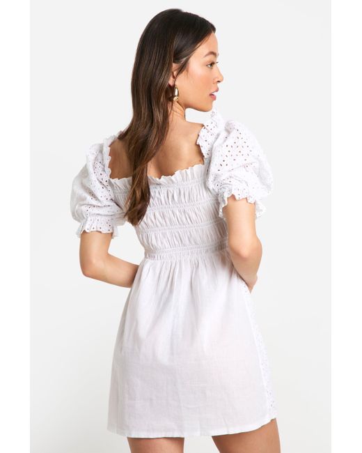 Boohoo White Petite Broderie Puff Sleeve Shirred Dress