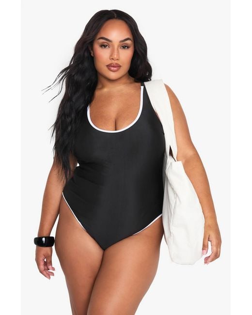 Boohoo Black Plus Contrast Binding Bathing Suit