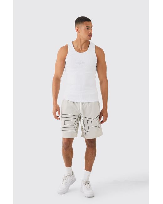 BoohooMAN Muscle Fit Ribbed Vest & Mesh Basketball Set in White für Herren