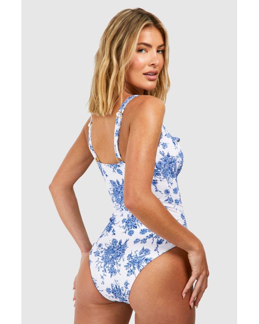 Boohoo Blue Floral Ruched Detail Bathing Suit